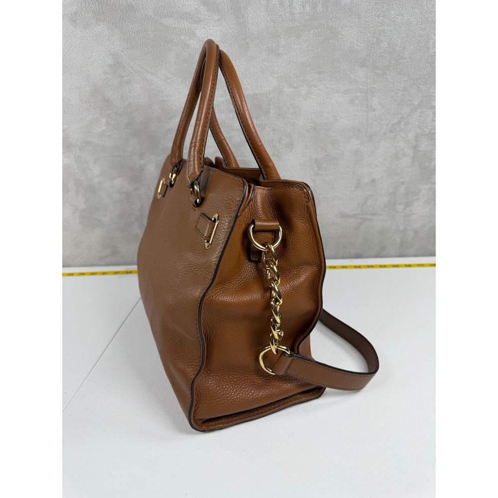 Michael Kors Hamilton Handbag Cognac Brown Pebbled Leather Tote Gold Accents - Picture 4 of 12